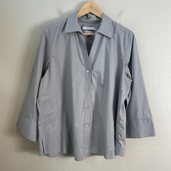 Foxcroft NYC Womens XL Non Iron Stretch Button Up Shirt Gray 3/4 Sleeve Blouse - Picture 7 of 10